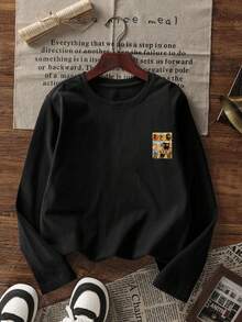 1 件青少年男孩休闲印花长袖 T 恤，春/秋季，时尚保暖舒适上衣，适合年轻学生和青少年 - 黑色 - 查看 2