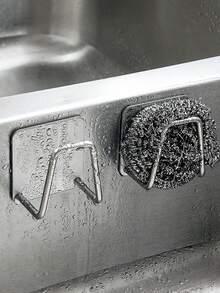 1 pieza/2 piezas Soporte para esponja montado en la pared sin taladro de acero inoxidable con ganchos duales y bolsa OPP - Adhesivo resistente/Organizador montable con tornillos (tornillos incluidos) para cocina, baño, fregadero - Almacenamiento de esponjas y herramientas que ahorra espacio, resistente a la oxidación, fácil instalación, diseño moderno, superficie resistente a los arañazos - Ideal para espacios pequeños