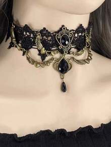 3pcs Gothic Halloween Punk Lace Necklace, Bracelet & Finger Ring Set For Women