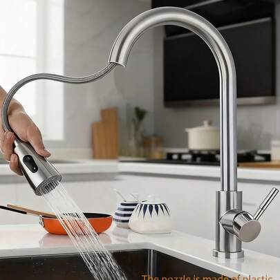 1pc Modern Single Hole Pull-Out Kitchen Faucet. Single Handle Stainless Steel High Arc Pull-Down Sink Faucet, Modern 360° Swivel Pull-Out Faucet, Dual-Level Flow Control, Suitable For Home Kitchen, Bathroom, RV, Sink, Car Wash, Farmhouse And Bar Sink.
