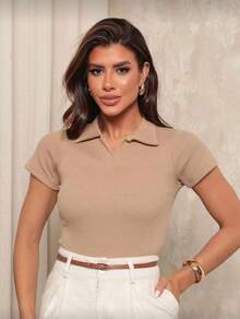 Women's Polo Shirt In Ribbed Knit, V-Neck, Buttonless, Stylish, Elegant, Versatile, Comfortable - 米色 - 查看 1