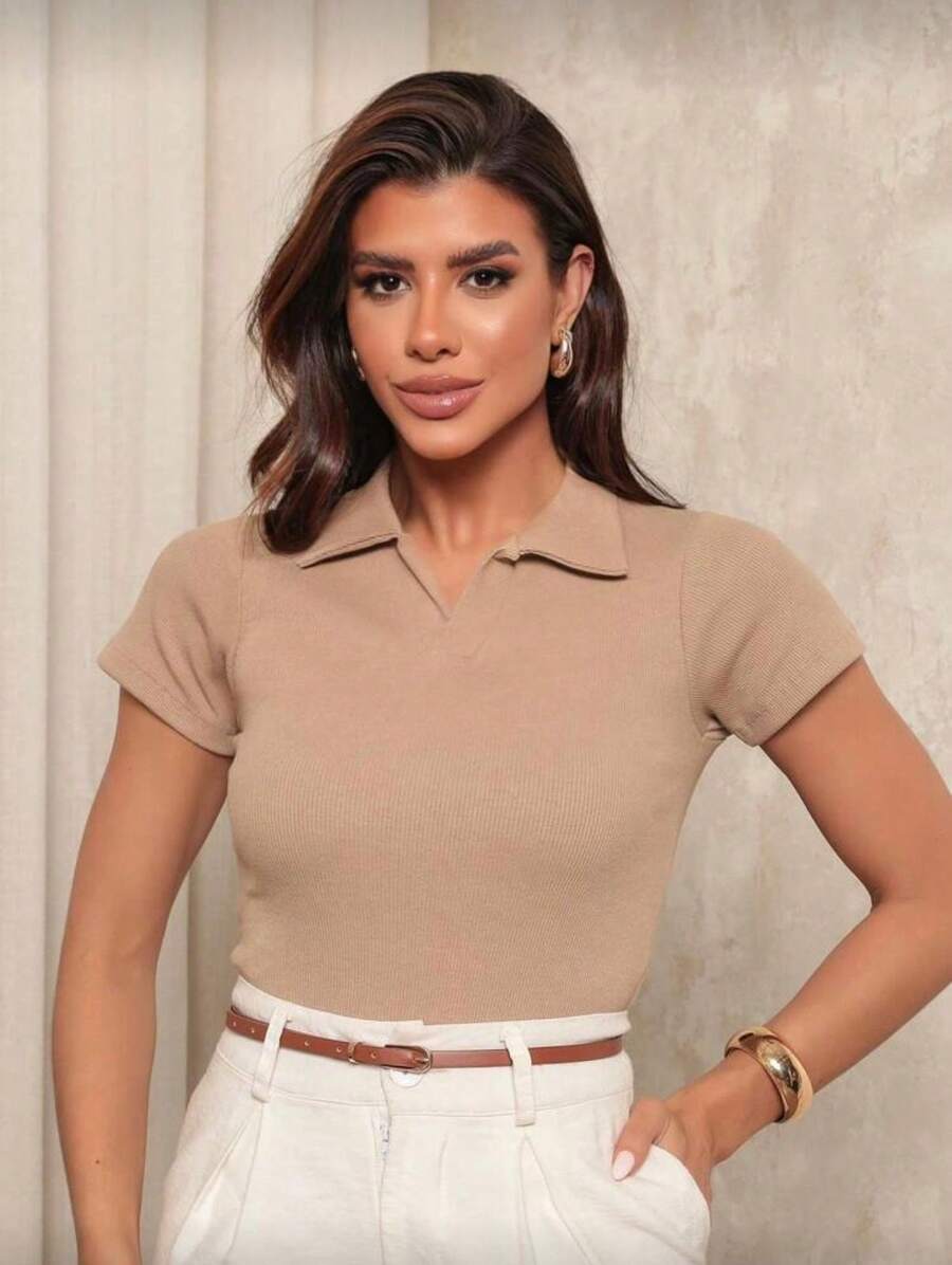 Women's Polo Shirt In Ribbed Knit, V-Neck, Buttonless, Stylish, Elegant, Versatile, Comfortable - 米色 - 查看 1