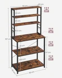 VASAGLE レンジ台 レンジボード 幅60 キッチンラック大型レンジ対応 高耐荷設計 可動棚 高さ167cm シンプル 北欧 電子レンジ ボード 収納 食器棚 6個Ｓ字ラックを付き - ブラック - チェックする 10