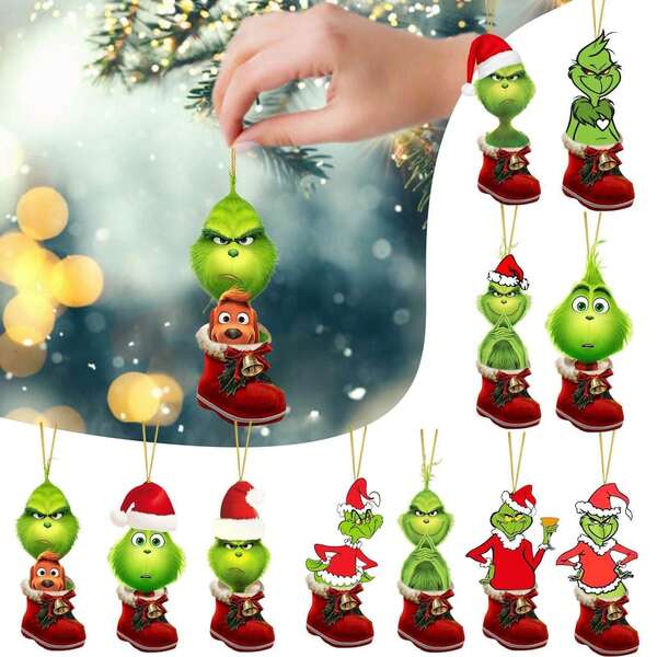 11 Peças Decorações de Natal do Grinch, Pingente de Cachorro Criativo para Carro, Pingente de Mochila, Decorações Pendentes de Natal