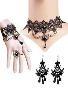 1 Bộ trang sức vòng cổ, vòng tay, hoa tai đá quý màu đen phong cách Gothic tối cổ điển dành cho nữ - Nhiều màu - Xem 8