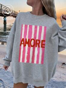 Pink Striped Letter Print, Women's Curve Oversized Solid Color Crew Neck Sweatshirt, Cotton Women's Top, Fall Holiday Wear, Suitable for Outdoor Sportswear, Fall/Winter Homewear & Casual Women's Wear, Long Sleeve Top, Couple's Style, Perfect for Pairyleeve Top, Couple's Style, Perfect /Home - 花灰 - 查看 1
