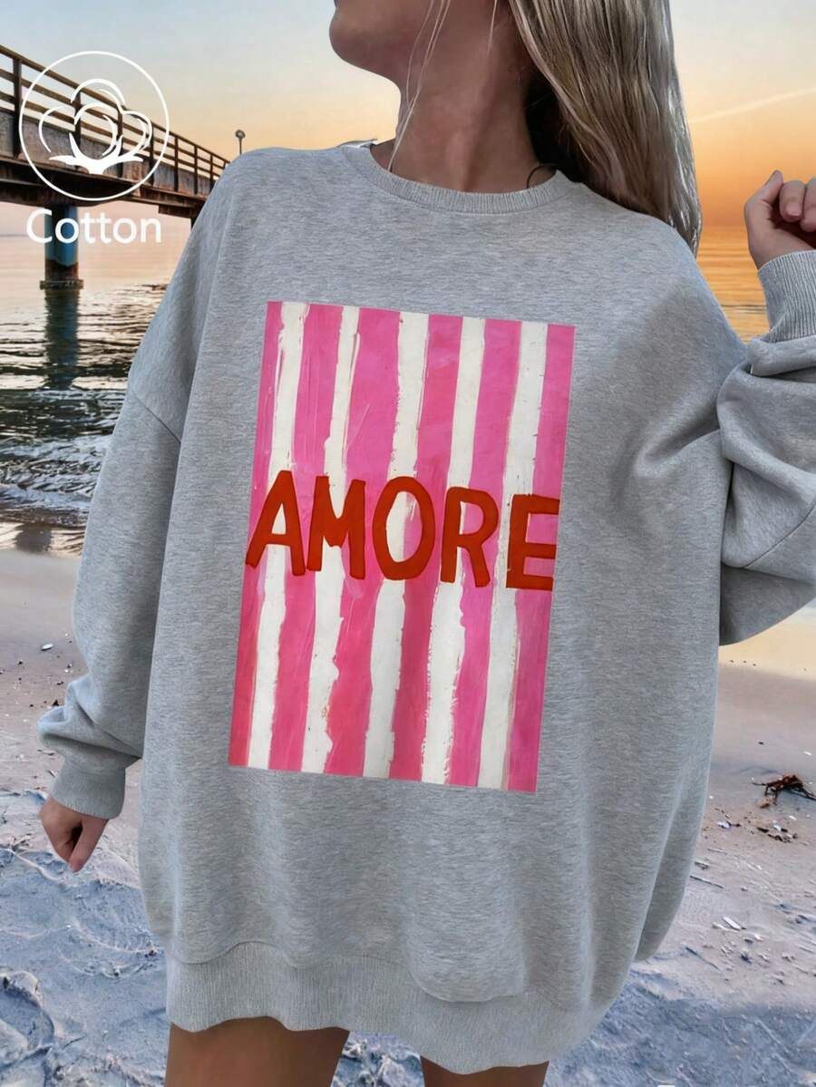 Pink Striped Letter Print, Women's Curve Oversized Solid Color Crew Neck Sweatshirt, Cotton Women's Top, Fall Holiday Wear, Suitable for Outdoor Sportswear, Fall/Winter Homewear & Casual Women's Wear, Long Sleeve Top, Couple's Style, Perfect for Pairyleeve Top, Couple's Style, Perfect /Home - 花灰 - 查看 1