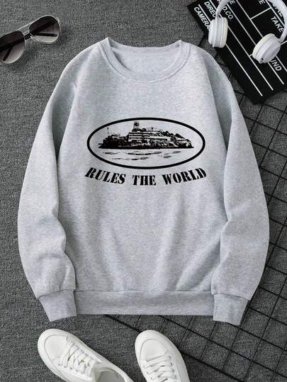 Sweat-shirt col rond à manches longues pour hommes, décontracté et polyvalent, conçu pour le printemps et l'automne, imprimé de lettres créatives et de graphiques, style coréen minimaliste, convient pour le port en extérieur et en intérieur