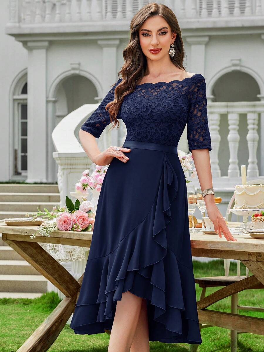 MIUSOL Elegant Women's Floral Lace Boat Neck Contrast Navy Blue Chiffon Midi Swing Dress, Half Sleeves Asymmetrical Ruffle Flowy Hem, For Wedding Guest, Cocktail Party, Evening Or Formal Event - 藏蓝色 - 查看 1