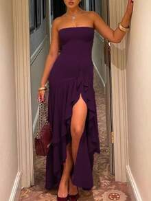 Women Solid Ruffle Side Slit Tube Long Dress Bodycon Elegant Sexy Party Dress Evening Prom Clothes