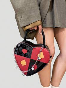 BAILEE Fashionable Personalized Fun Poker Heart Color Blocked PU Leather Three-Dimensional Zipper Style With Chain Decoration Women's Handbag Perfect For College&Work&Commute&Outdoors&Travel&Outings&Shopping&Gifts To Friends
