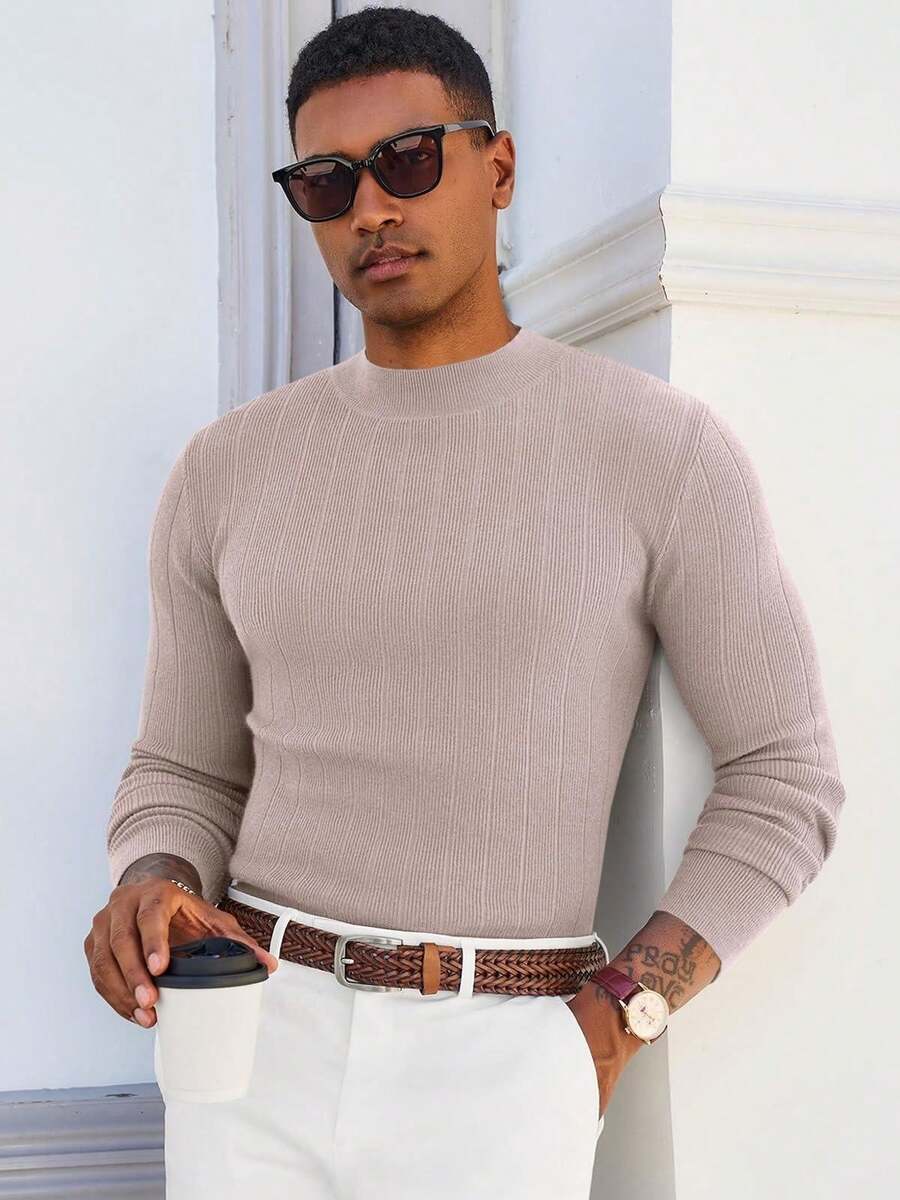 Men's Slim Fit Mock Turtleneck Sweater Casual Ribbed Knitted Pullover Basic Warm Wear For Fall/Winter - Màu be - Xem 1