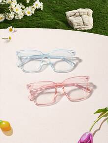 2 PCS Boys Girls 9-14Y Acrylic Square Frame Campus Style Anti Blue Light Glasses,Square Frame Clear Glasses For Daily Reading Use