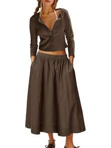 Women's Essential Casual Lightweight Three-Quarter Sleeve Knit Cardigan Elastic Waist Skirt Matching Two-Piece Set - 咖啡棕 - 查看 3