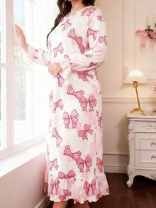 可爱蝴蝶结印花荷叶边下摆休闲加大码睡裙娃娃衫完美夏季