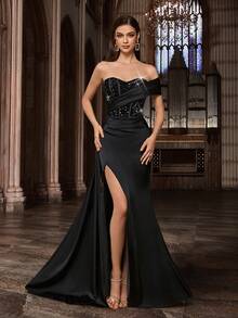 QOQ Fashion Elegant Sequins Splicing Women Party Evening Gown Chic Summer Formal Dress For Dinner Party, Birthday Party, Galas, Graduation Season Prom, Homecoming