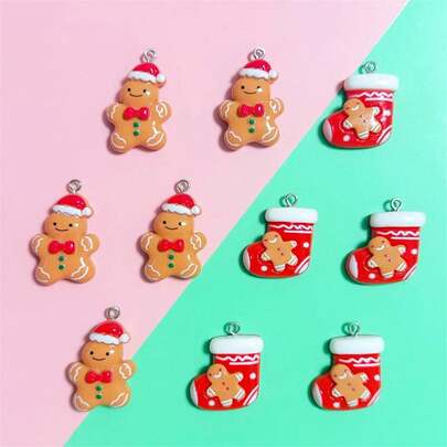 10 piezas Sombrero de Papá Noel, Hombre de Jengibre, Colgante de resina de calcetines de Hombre de Jengibre, adecuado para joyería hecha a mano, aretes, collares, pulseras, llaveros, adornos de bolso, decoraciones de árbol de Navidad