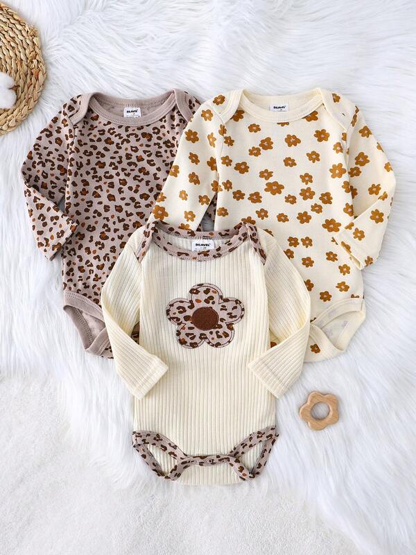 DILAVEL 3 Stücke Neugeborene Herbst und Winter Neue Langarm Krabbel Kleidung mit kleinen Blumen Stickerei kombiniert mit Leoparden Muster Rundhals für Outdoor Tragen