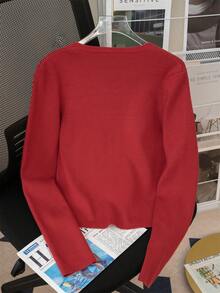 女士轻薄简约韩版方领长袖上衣，细下摆，春季新品，适合居家、通勤、约会、街头穿搭，时尚百搭 - 紅色 - 查看 6