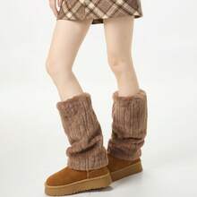 1 Piece Autumn Winter Fleece-Lined Thickened Warm Solid Color Leg Warmers For Autumn Winter, Pair With Snow Boots To Make Legs Look Slim, Warm Sweet Cool Must-Have For Streetwear And Commuting, Niche Layering Accessories, Must Buy Without Thinking~ - 咖啡 - 查看 3