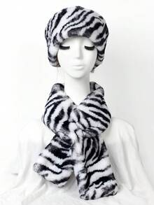 1pc Women's Leopard Print Casual Headband Scarf Set With Beret Hat, Warm & Versatile Faux Fur Cap, Autumn/Winter - Multicolor - View 12