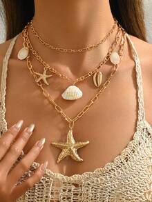 3pcs/Set Fashionable Summer Vacation Style Natural Shell, Seashell & Starfish Pendant Necklace For Women, Suitable For Beach & Seaside Holiday. Natural Shell And Seashell Surface Patterns And Sizes Are Random. - Golden - View 1