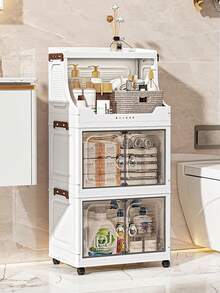 1 件塑料折叠储物柜，双门家用客厅玩具整理箱，带轮子的卧室储物柜，衣柜壁橱储物箱，厨房手推车储物架 - 透明 - 查看 1