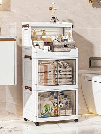 1 件塑料折叠储物柜，双门家用客厅玩具整理箱，带轮子的卧室储物柜，衣柜壁橱储物箱，厨房手推车储物架