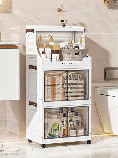 1 件塑料折叠储物柜，双门家用客厅玩具整理箱，带轮子的卧室储物柜，衣柜壁橱储物箱，厨房手推车储物架