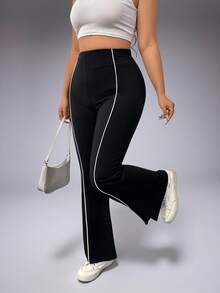 1pc Women's Plus Size High Waist Elastic Waistband Casual Slim Fit Multi-Function Cycling Pants With Splicing Ribbon And Slit Design - Black - View 6