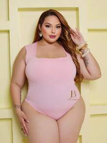 Women's Plus Size Summer Short Sleeve Tank Top Bodysuit Square Neckline With Zipper - 淺粉色 - 查看 7
