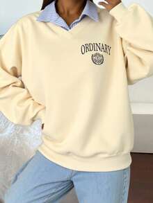 Livesso 女式字母印花落肩长袖休闲拼布羊毛卫衣，秋冬 - 杏色 - 查看 2