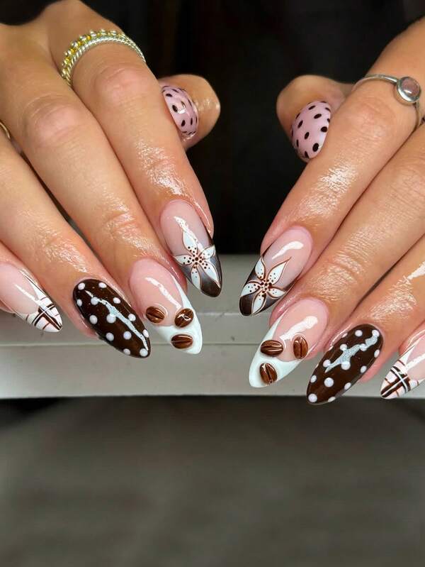 24 Pcs Of Almond-Shaped Press On Acrylic Nails In A Gift Box, Limited To Autumn Pink, White And Brown Polka Dots, Retro Brown And Coffee Plaid, Rich 3D Three-Dimensional Coffee Beans, Gentle Caramel Macchiato, Hand-Painted Flowers, Sweet Girly Parties, Daily Outings, Portable Fake Nails With Jelly Glue 1 Piece And 1 Rolling Strip