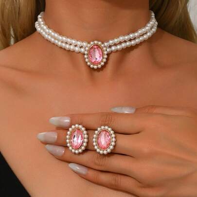 1 Set European Style Double Layer Pearl Earrings & Necklace Set, Emerald Stud Earrings, Choker Necklace, Elegant Vintage Bridal Jewelry