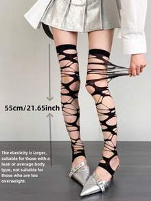 1 双女式春夏黑白纯色朋克哥特风格破洞渔网过膝袜，Y2K 性感绷带紧身裤 - 彩色 - 查看 4