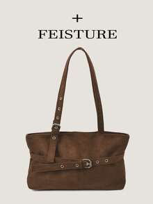 1pc FEISTURE Faux Suede Large Capacity Belt Buckle Shoulder Bag, Fashion Tote Bag, Zipper Closure, Suitable For Daily Outing, Dating, Commuting