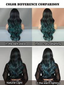 AKAKO 24 Inch Blue Highlight Long Wavy Wig With Curtain Bangs, High Quality Heat-Resistant Fiber Synthetic Wave Curly Hair Wig, Gorgeous Goth Style Costume Wigs For Women Halloween Party Masquerade Ball,Music Festivals & Carnival Use - 挑染藍色 - 查看 8
