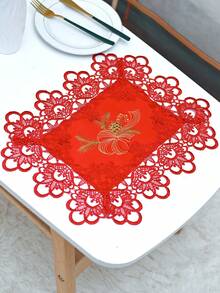 1 Peça Trilho de Mesa de Vela de Natal, Tecido de Cetim de Poliéster de Luxo Europeu, Renda Vermelha Bordada com Recorte Floral Vazado, Adequado para Sala de Estar, Quarto, Mesa de Jantar, Gabinete de TV, Aparador, Cômoda, etc. - Multicolorido - Visão 10