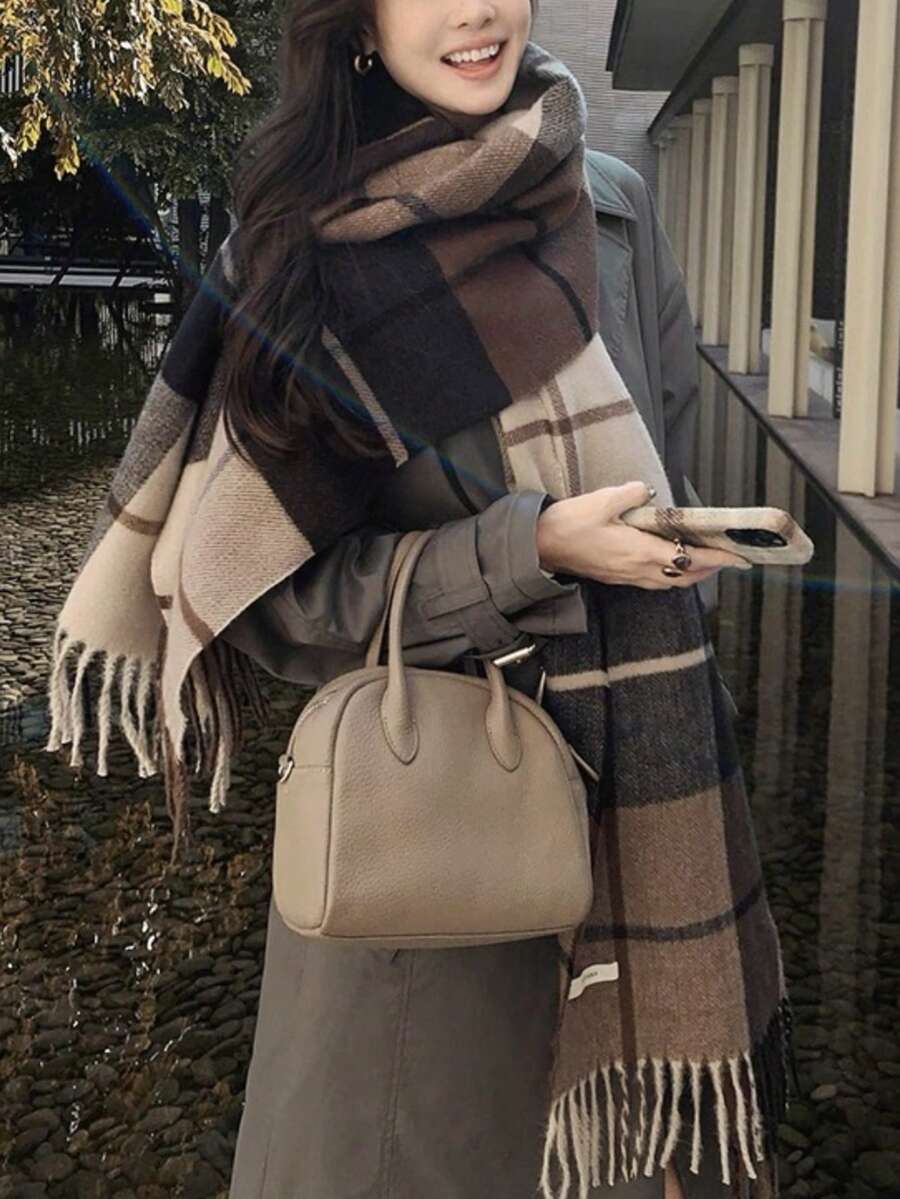 1条女士时尚韩版格子围巾，秋冬季保暖时尚流苏学生围巾，加厚长围巾，男女情侣披肩，连衣裙 - 咖啡棕 - 查看 1