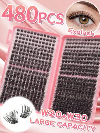 480片装高容量假睫毛，D卷度，W20+W30，W型簇状睫毛，混合套装满足多种需求，高容量8-16mm混合长度睫毛册，0.07mm D卷度，手工DIY睫毛嫁接，适合日常妆容/角色扮演，礼盒套装，簇状睫毛/单根睫毛/假睫毛