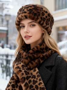 1pc Women's Leopard Print Casual Headband Scarf Set With Beret Hat, Warm & Versatile Faux Fur Cap, Autumn/Winter - Multicolor - View 5