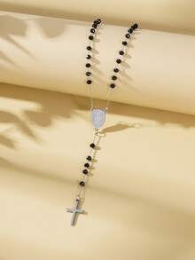 1pc 3mm Glass Virgin Mary Cross Pendant Rosary Necklace, Minimalist European & American Cross Pendant Necklace, Suitable For Women's Daily Wear