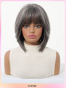 TOPSHE Fashion Natural Looking Wigs 12 Inch Cute Party Dark Grey Short Straight Wigs,Heat-Resistant Synthetic Wig With Bangs For Women, For Party,Cosplay,Halloween Daily Wear - 深灰色 - 查看 3