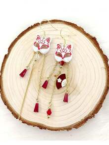 一对可爱狐狸和猫咪不对称设计耳环，适合女士，适合约会 - 彩色 - 查看 1