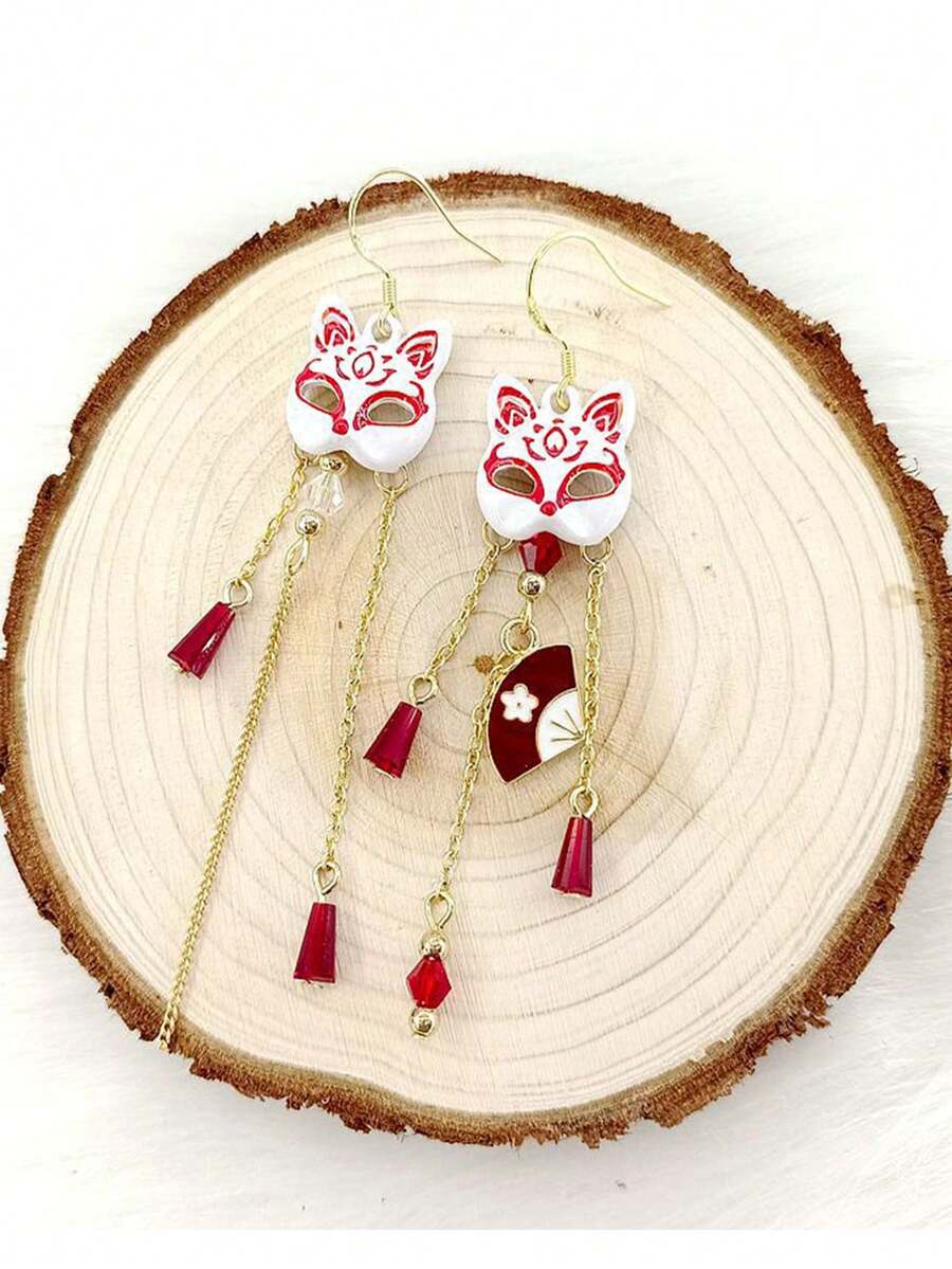 一对可爱狐狸和猫咪不对称设计耳环，适合女士，适合约会 - 彩色 - 查看 1