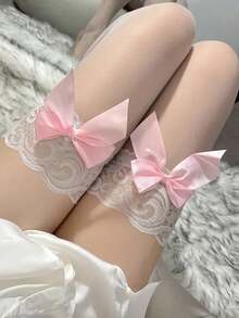 Solid Color Sheer Stockings, Thigh High Lace Bow Lace Socks Sexy Silk Thin Thigh Knee Socks, E-Girl