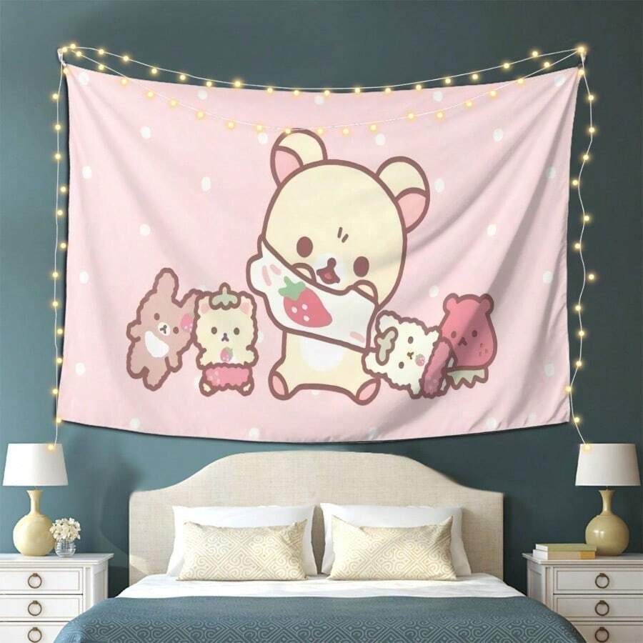 Korilakkuma Theme Tapestry Suitable For Living Room Bedroom Office Home Room Party Decoration Live Broadcast Background Cloth No Installation Required Party Room Decor - 彩色 - 查看 1