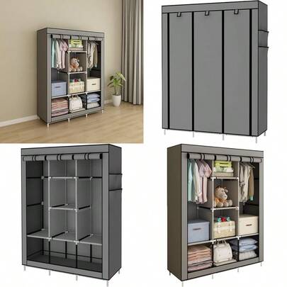 ACCSTORE Canvas Wardrobe Cupboard Clothes Storage Organiser With 2 Hanging Rail And 6 SheesGrey