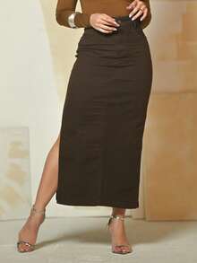 Women's Long Denim And Elastane Skirt With Side Openings And High Waist - 鏽棕色 - 查看 3