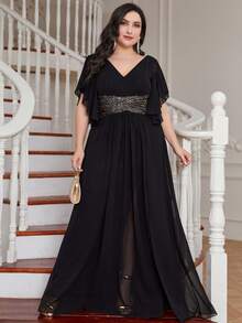 UNITHORSE Plus Size Bridesmaid Dress With Sequin Waist, Ruffle Hem And Side Slit, Chiffon - Black - View 2